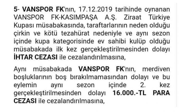 PFDK’dan Van Spor FK’ye 16 bin lira ceza
