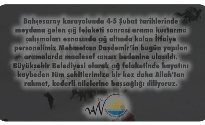 Van Büyükşehir Belediyesi’nden itfaiye eri için taziye mesajı
