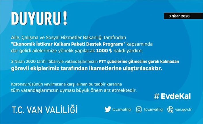 Van Valisi Bilmez: Sosyal yardımlar PTT şubelerinden ödenmeyecek