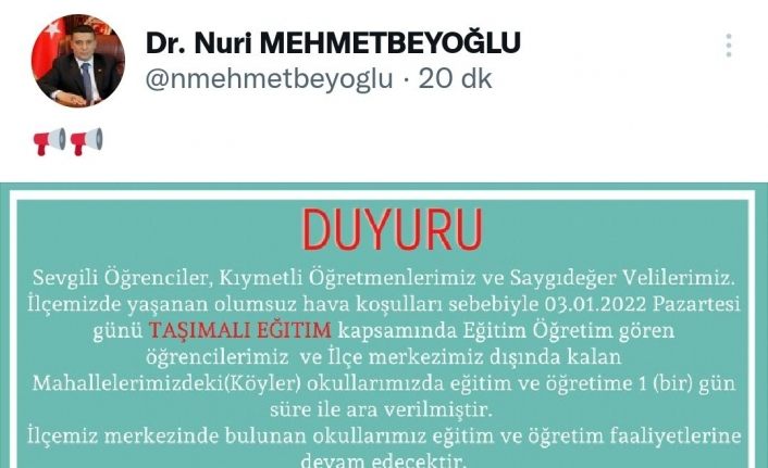 Erciş’te olumsuz hava şartları sebebiyle taşımalı eğitime 1 gün ara verildi